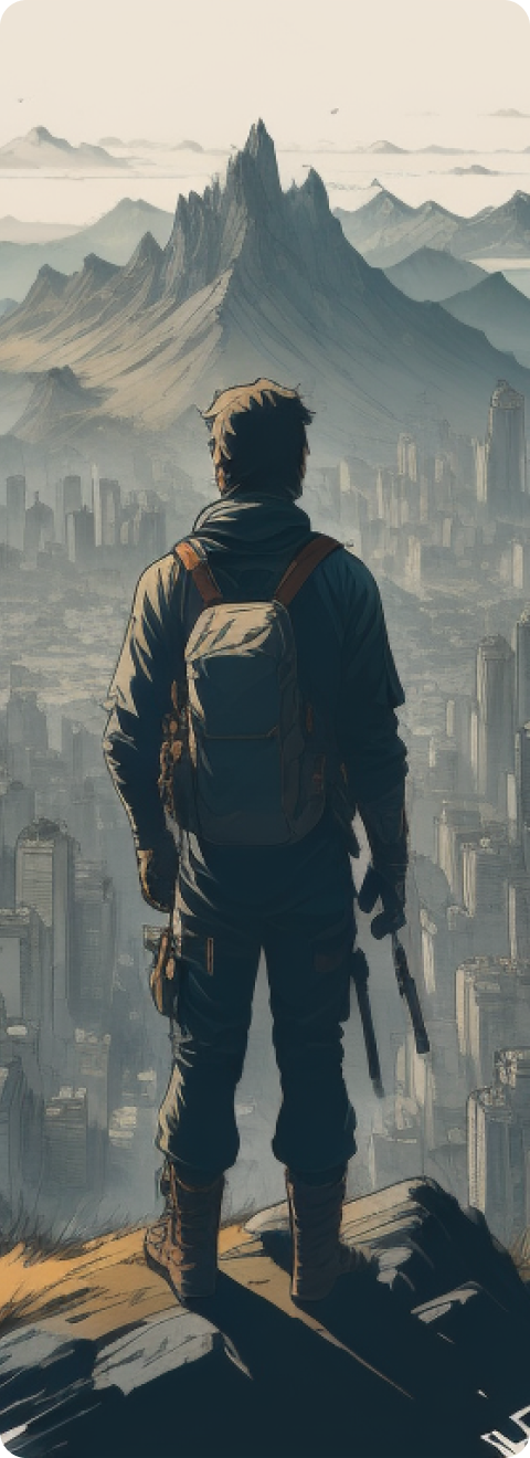 Adventurer on top of a city mountain
